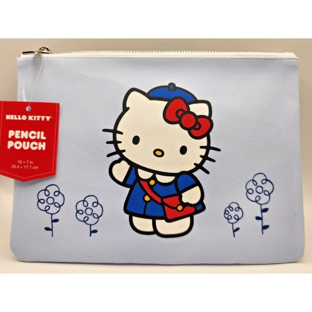 NWT Hello‎ Kitty Bonjour Paris Large Blue Pencil/ Makeup Pouch Silver Zipper